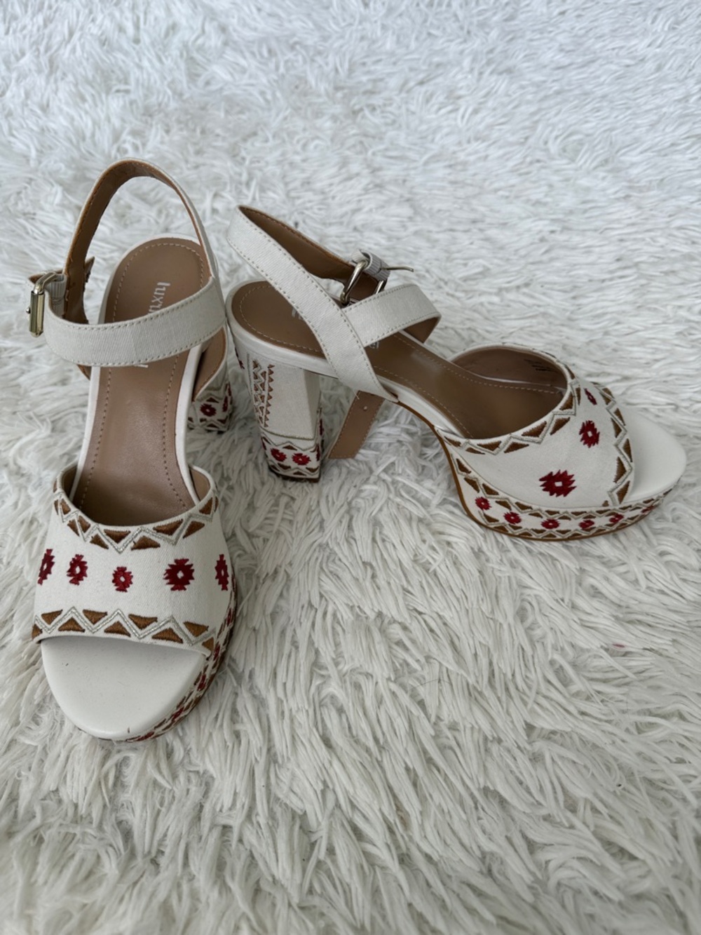 Luxury Rebel White Embroidered Platforms Size 7.5